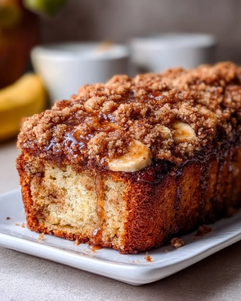 Delicious one-bowl banana bread with crunchy streusel topping on a plate