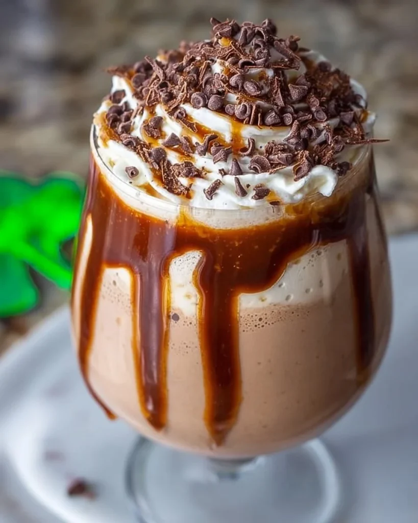 Frozen Irish Mudslide cocktail in a glass with chocolate drizzle.