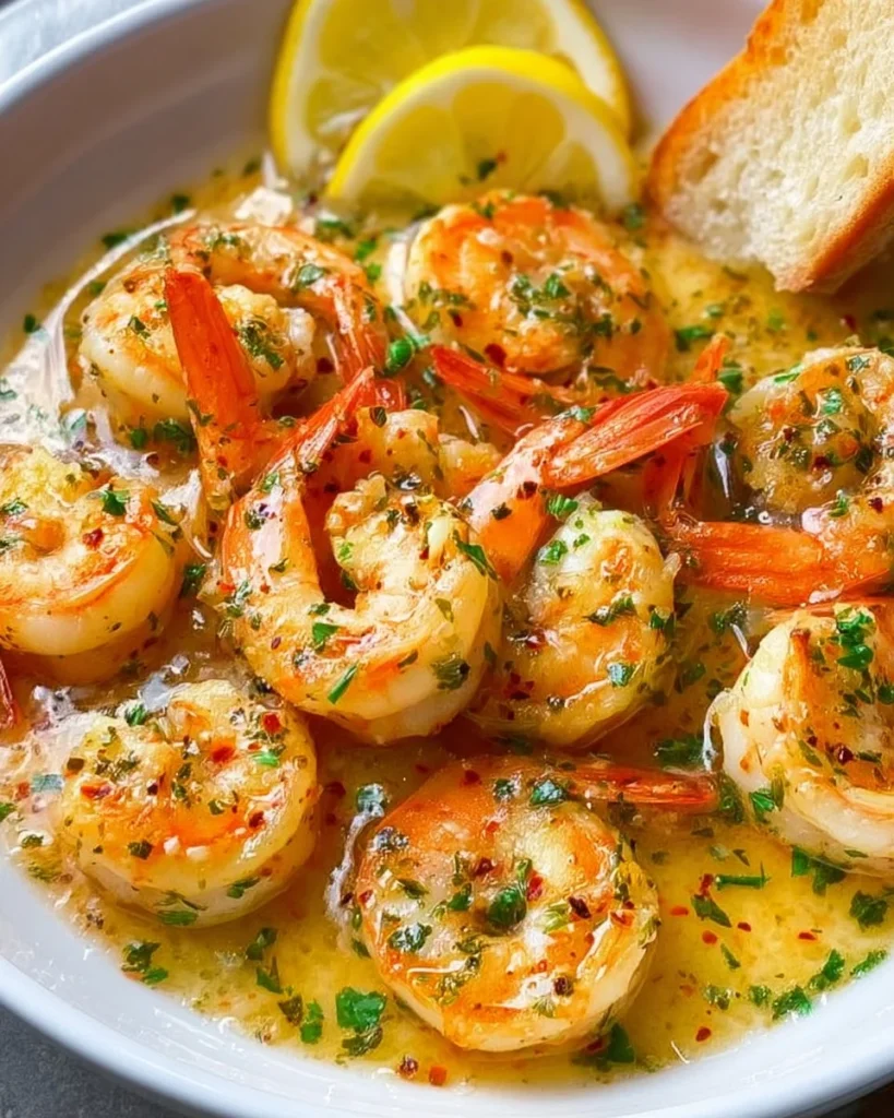 Dish of Garlic Butter Shrimp served with herbs and lemon