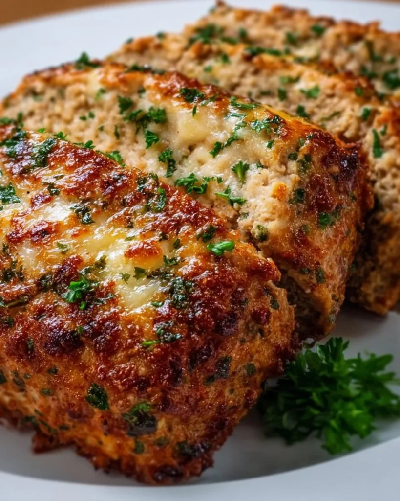 Delicious Garlic Parmesan Chicken Meatloaf served with herbs and sides