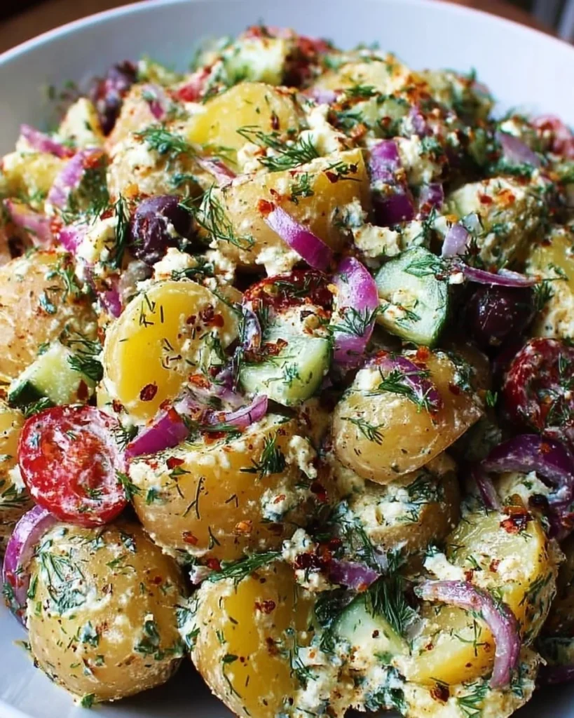 A colorful Greek Potato Salad with olives, feta cheese, and fresh herbs