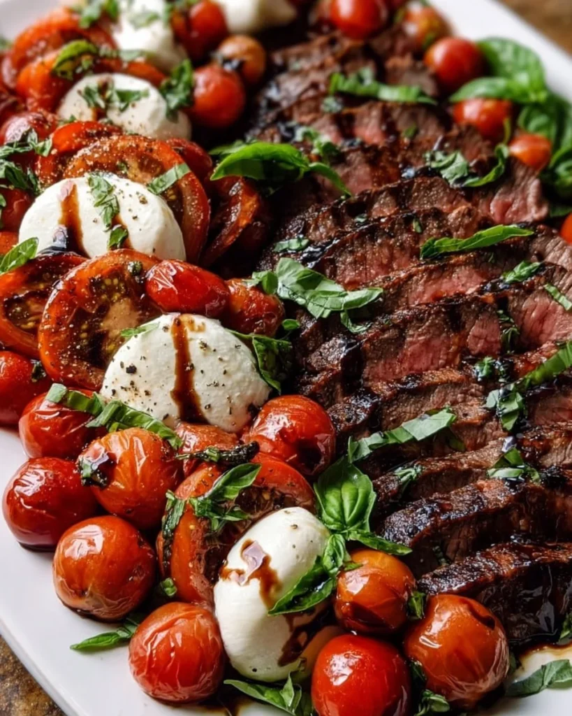 Grilled flank steak caprese with fresh mozzarella, tomatoes, and basil