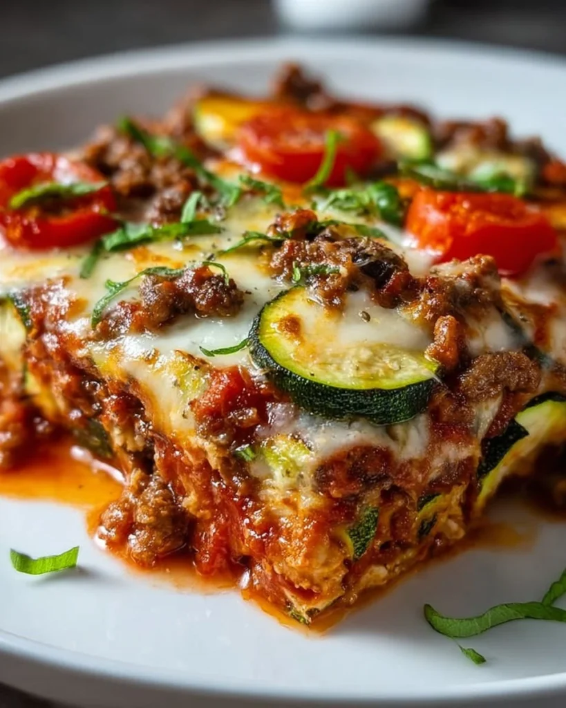 Guilt-free zucchini pizza casserole topped with cheese and fresh herbs