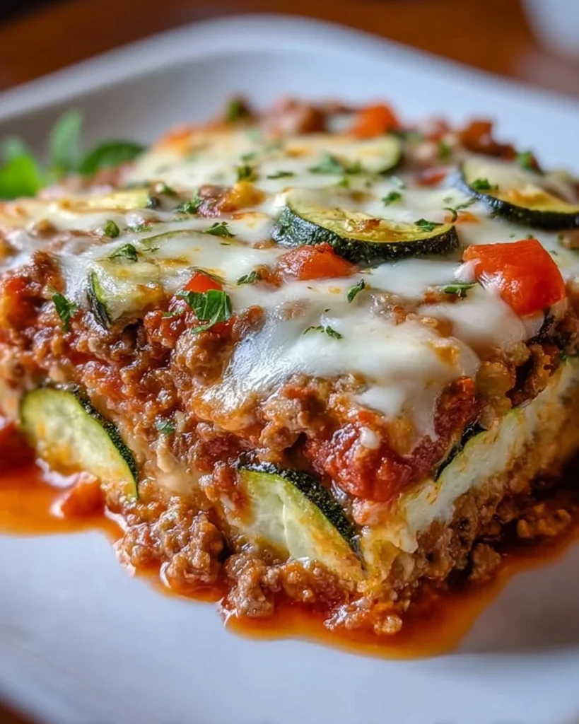 Delicious guilt-free zucchini pizza casserole served hot and fresh.