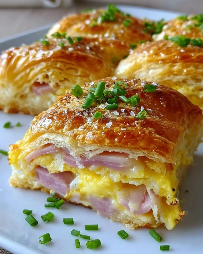 Delicious ham and cheese croissant casserole ready to serve for breakfast