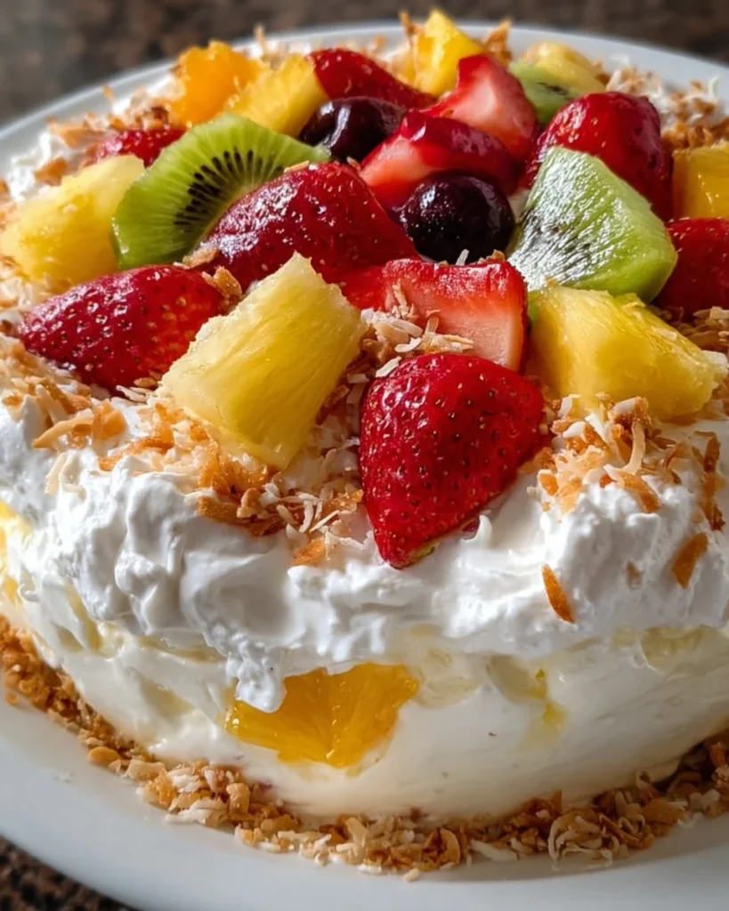 A delicious Hawaiian Cheesecake Salad featuring tropical fruits and creamy cheesecake.
