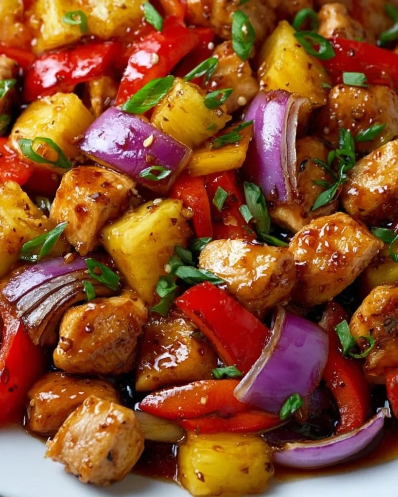 Hawaiian chicken sheet pan meal with vibrant vegetables and pineapple