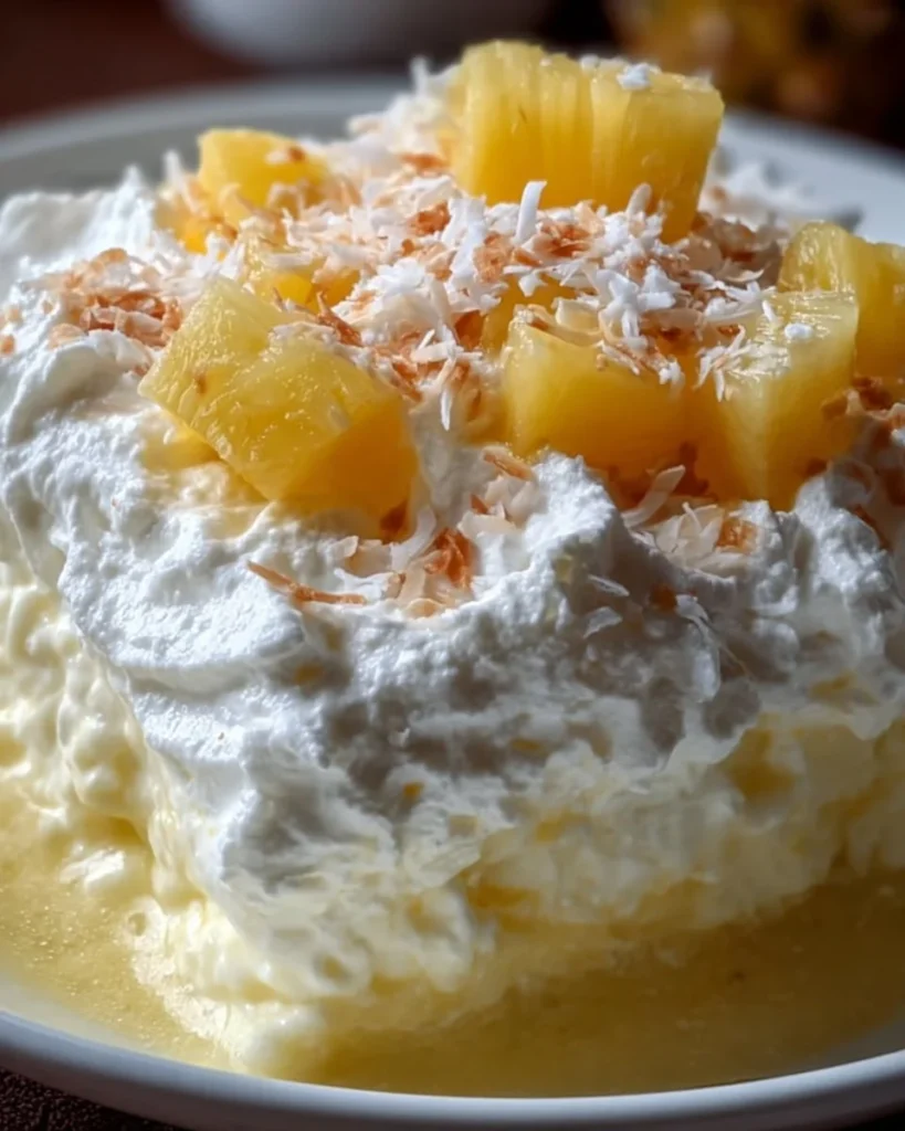 Delicious Hawaiian Pineapple Coconut Fluff dessert in a bowl with tropical garnishes