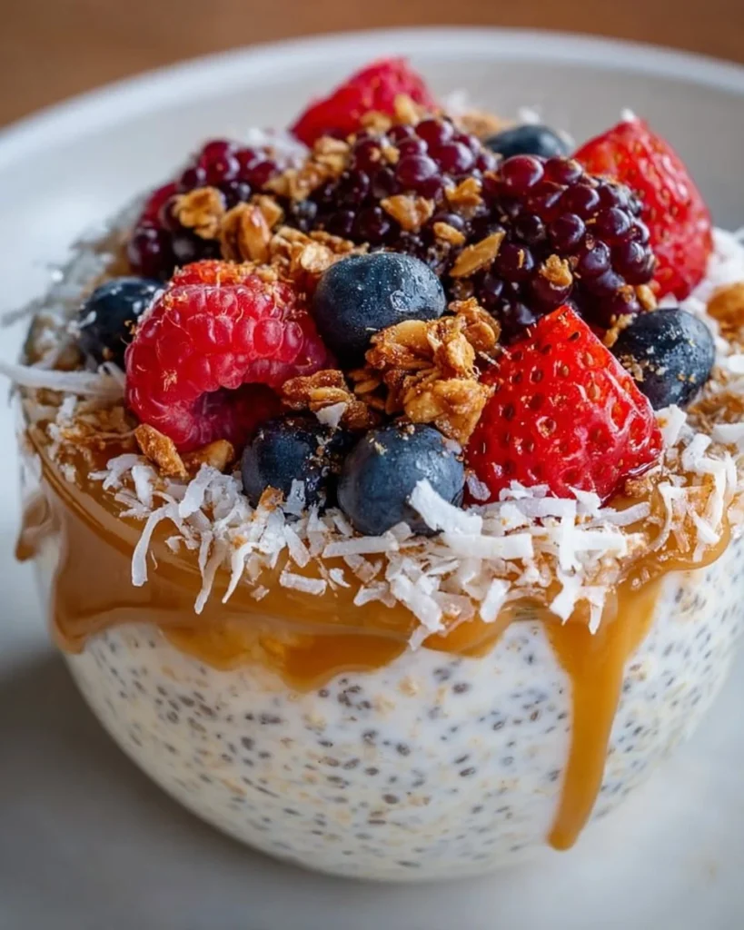 Bowl of healthy coconut cream overnight oats topped with fresh fruits and nuts.
