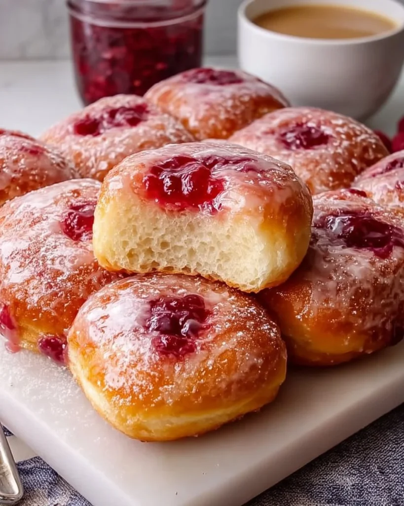 Homemade jam donut focaccia topped with sugar and fruity jam for brunch.