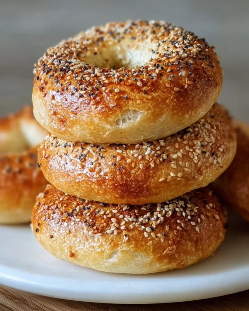 Freshly baked homemade sourdough bagels on a cooling rack