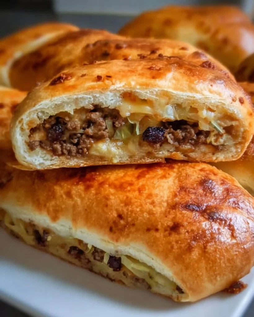 Homemade sourdough runzas filled with savory ingredients on a wooden table