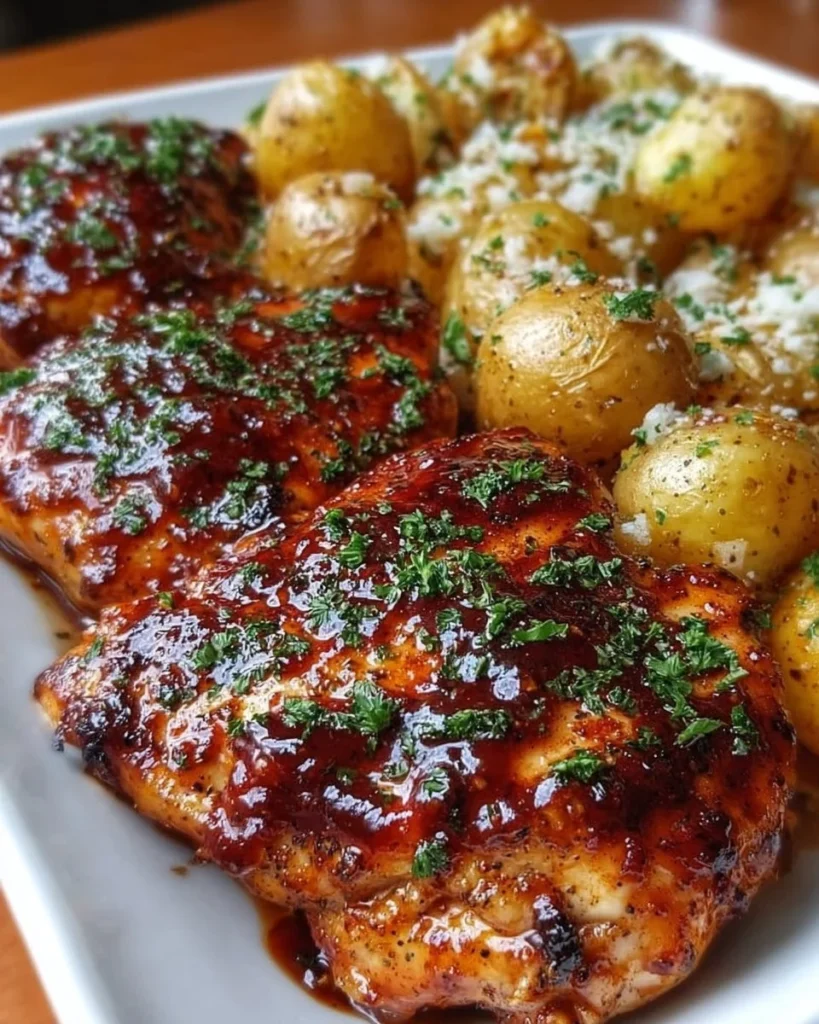 Honey BBQ Chicken served with garlic parmesan roasted potatoes