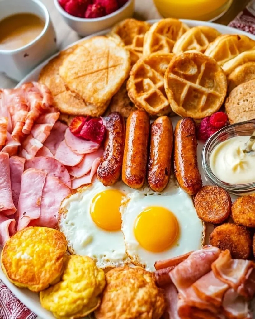 Beautifully arranged brunch board with assorted fruits, pastries, and cheeses.
