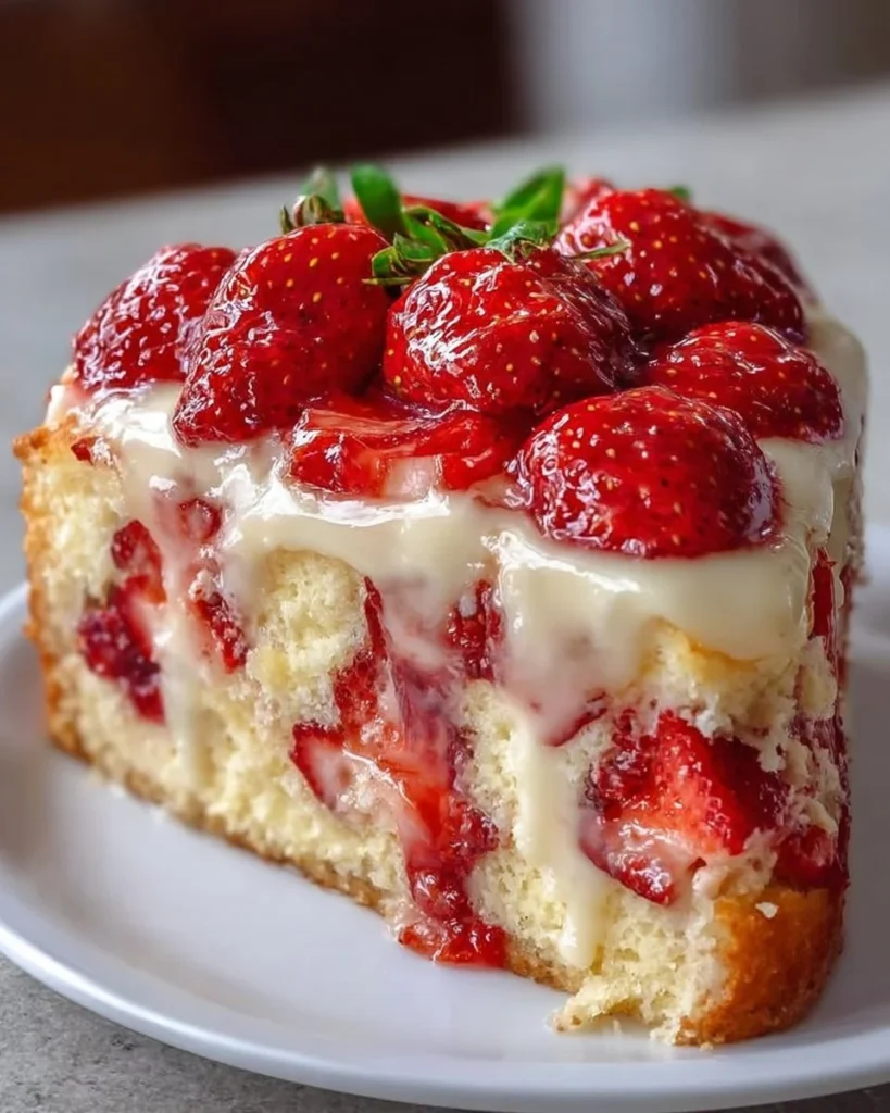 Strawberry custard cake topped with fresh strawberries and custard cream.