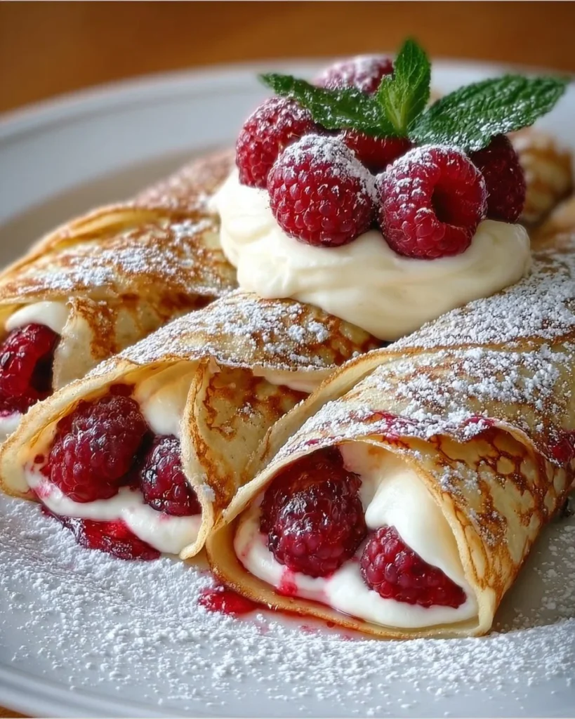 Indulgent raspberry vanilla crepes filled with creamy raspberry vanilla cream