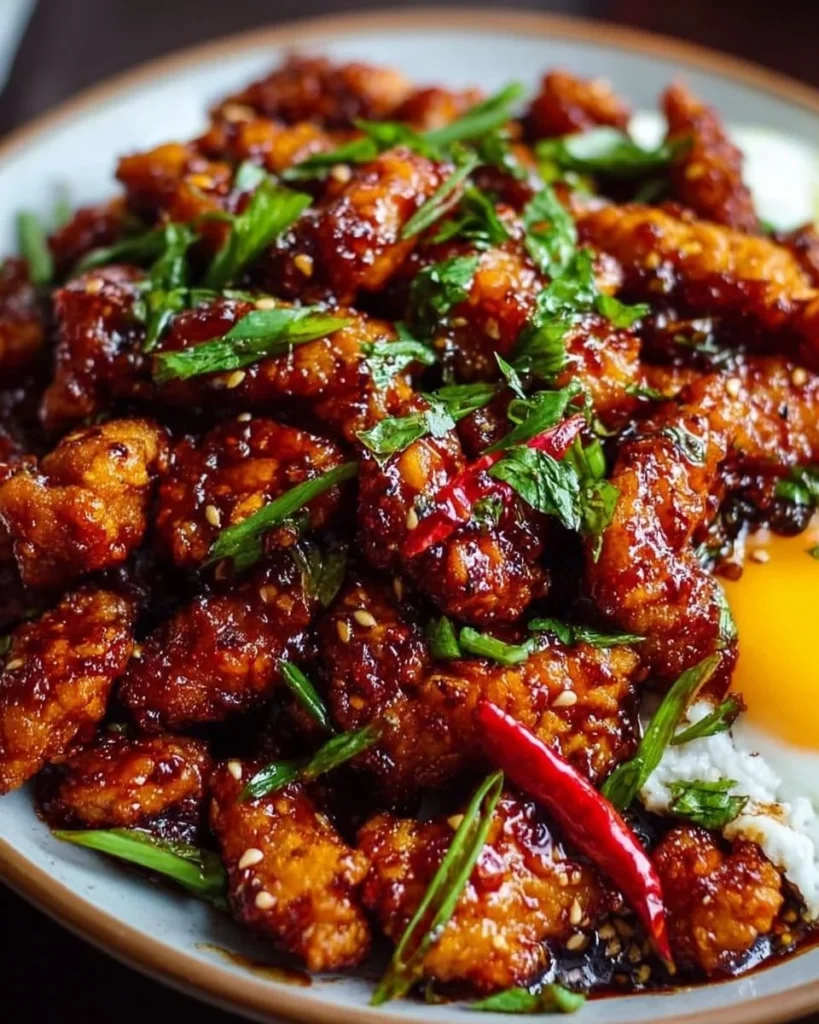 Spicy Dragon Chicken served with vegetables and sauce in a bowl