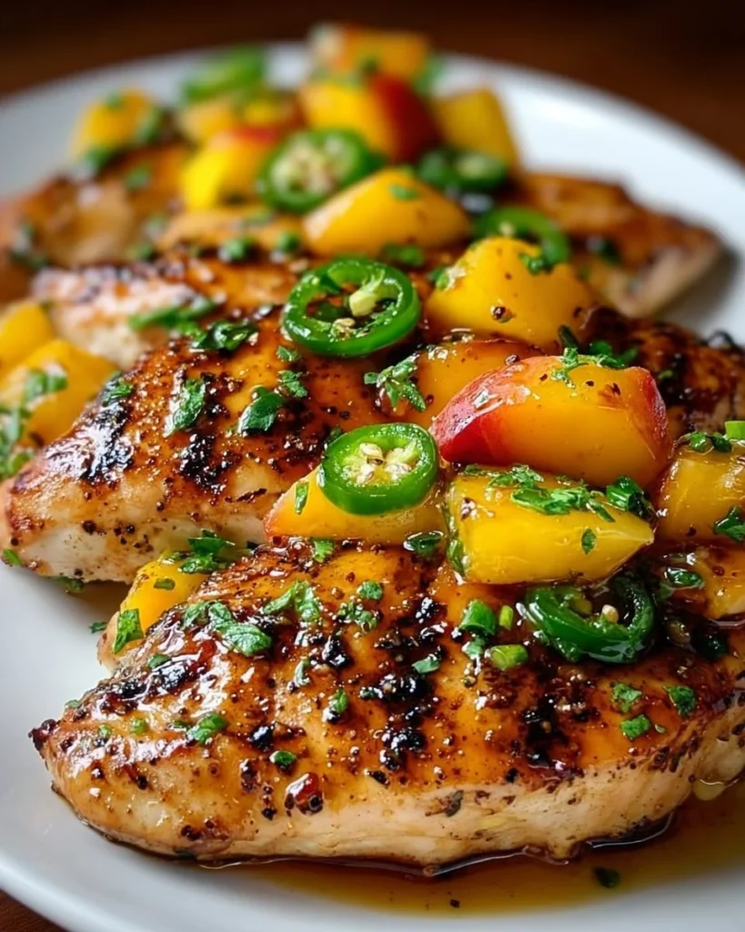 Delicious jalapeno peach chicken served on a plate with fresh herbs.