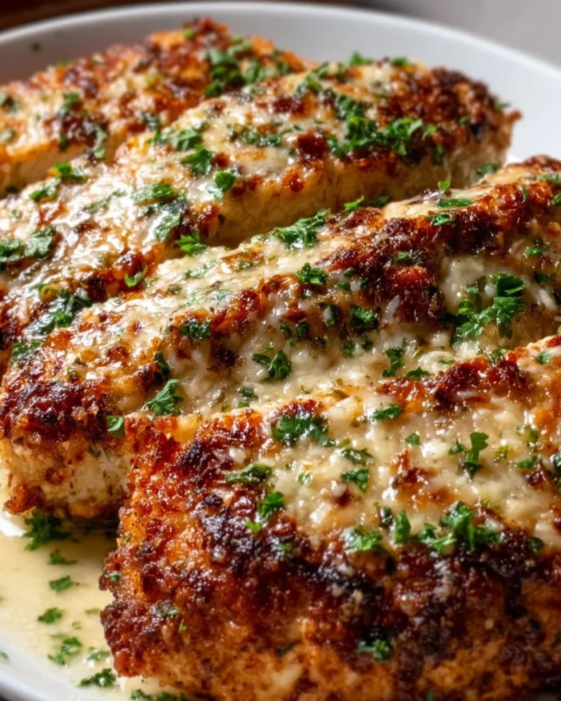 Juicy garlic parmesan chicken served with herbs and spices.