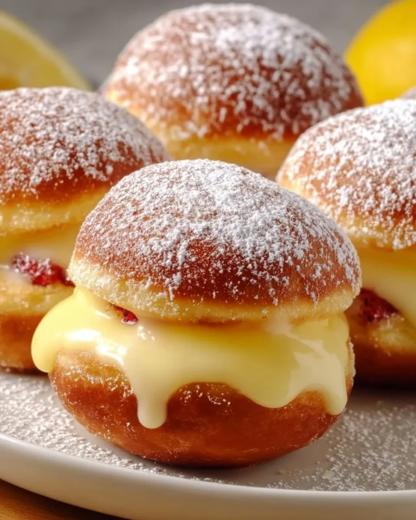 Lemon cream filled donuts on a plate, dusted with powdered sugar.