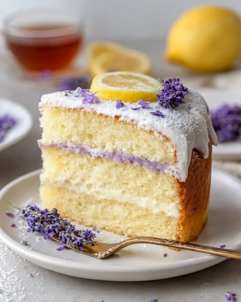 Delicious Lemon Lavender Cake with zesty lemon frosting and lavender decorations