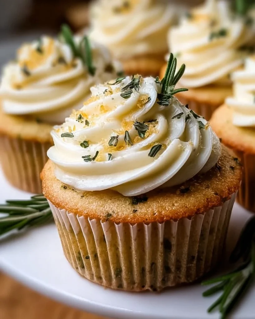 Lemon thyme rosemary cupcakes with a fresh herb topping