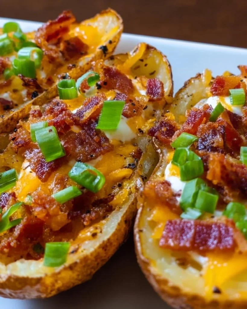 Delicious loaded potato skins topped with cheese, bacon, and chives