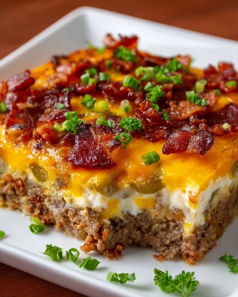 Low-carb bacon cheeseburger casserole baked and topped with cheese