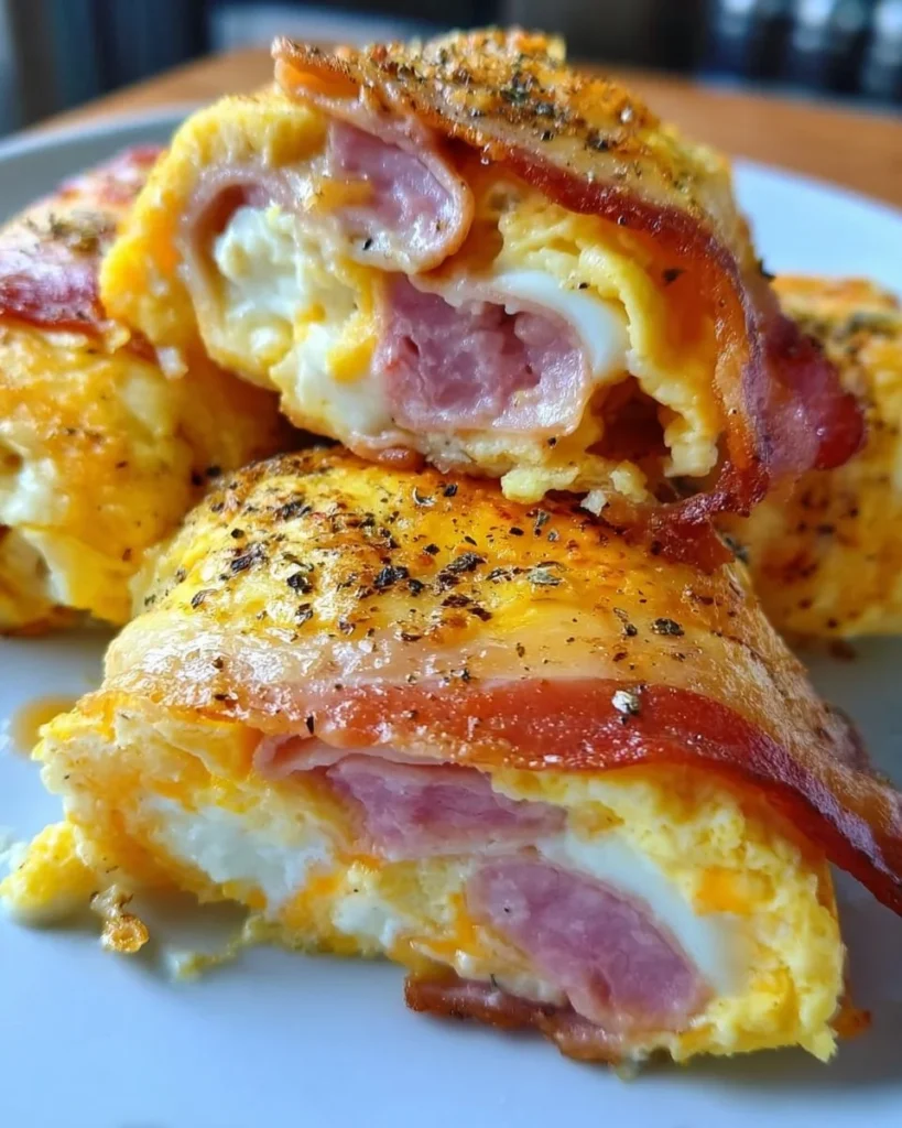 A plate of low carb breakfast roll ups featuring eggs, cheese, and vegetables