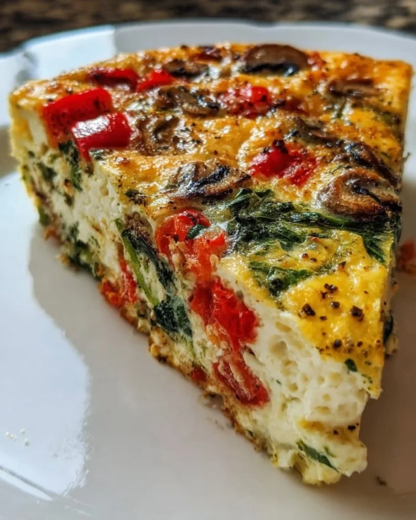 Low carb crustless quiche served on a plate with vegetables and cheese