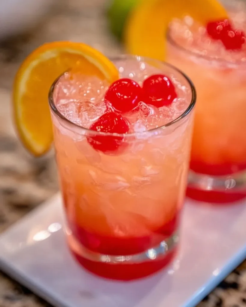 Malibu Sunset Cocktail with vibrant colors in a glass against a sunset background.