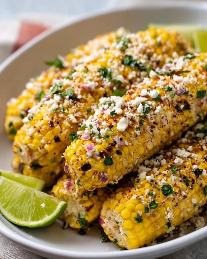 Delicious Mexican street corn topped with cheese and spices.