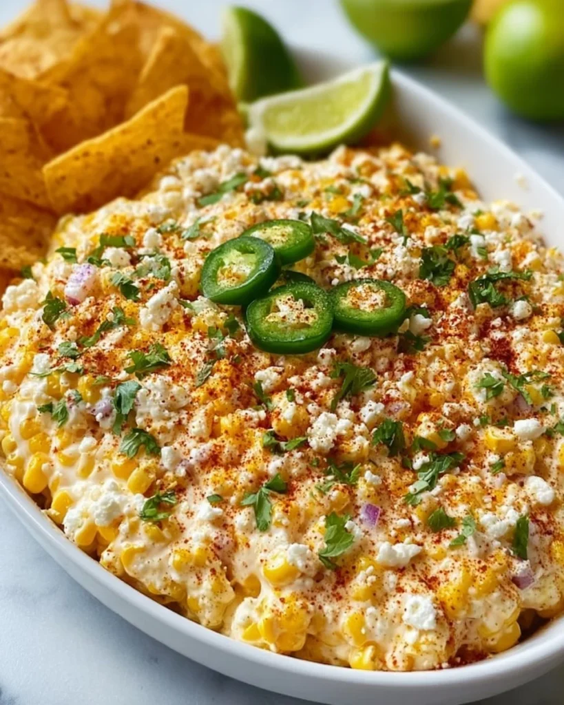 Creamy Mexican street corn dip served in a bowl with tortilla chips