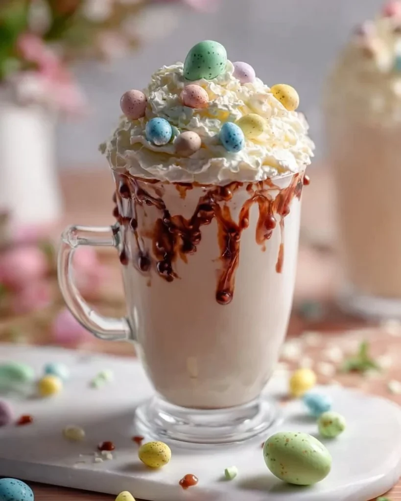 Delicious Mini Egg Easter Milkshake topped with colorful mini chocolate eggs