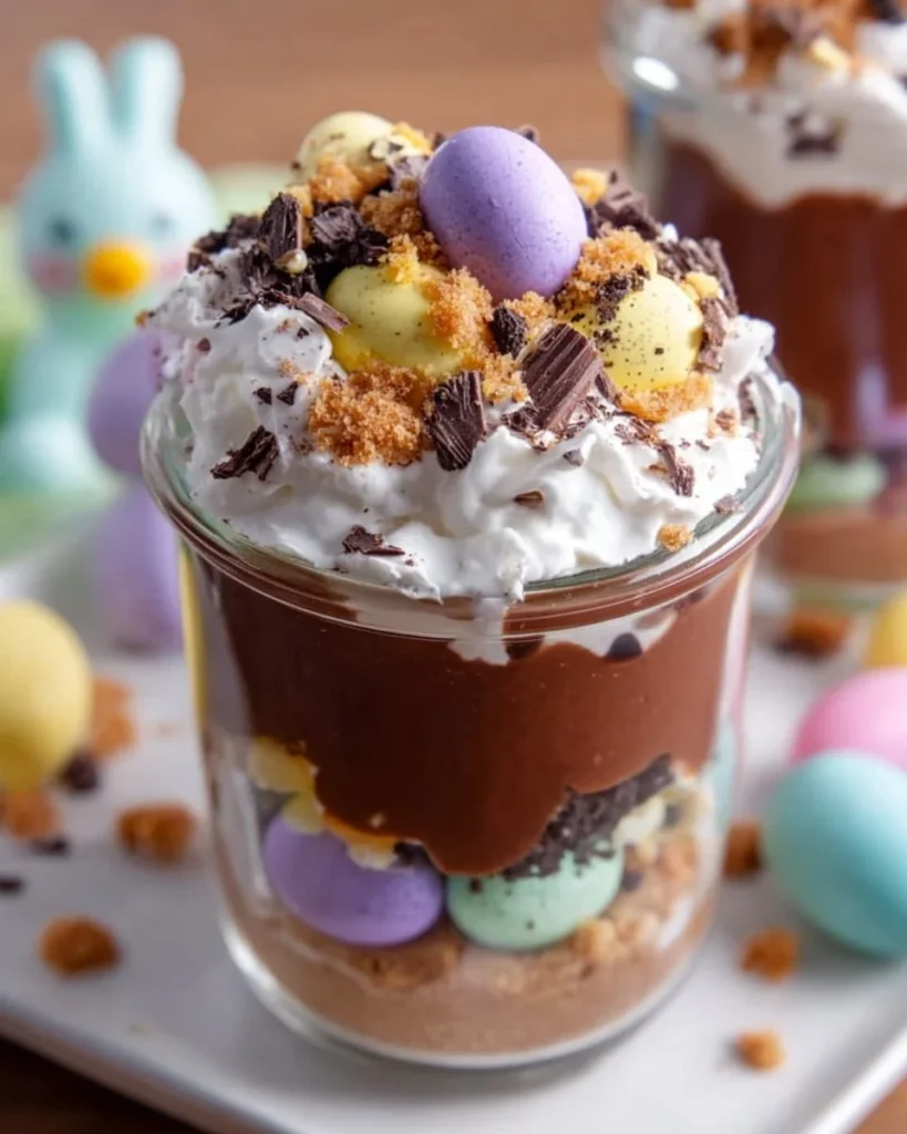 Mini Egg Easter Parfait with layers of cream and chocolate eggs