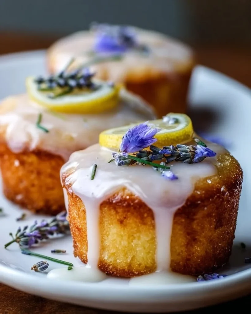 Mini lemon cakes with lavender glaze on a decorative plate