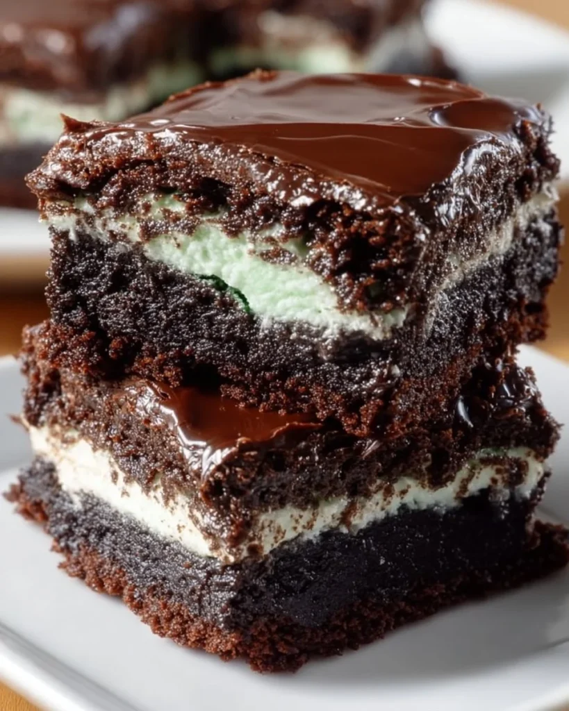 Delicious mint brownies topped with green mint cream and chocolate drizzle