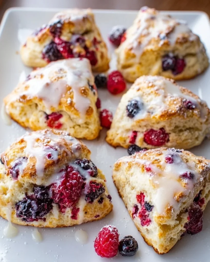 Freshly baked mixed berry scones with vibrant berries on a plate.