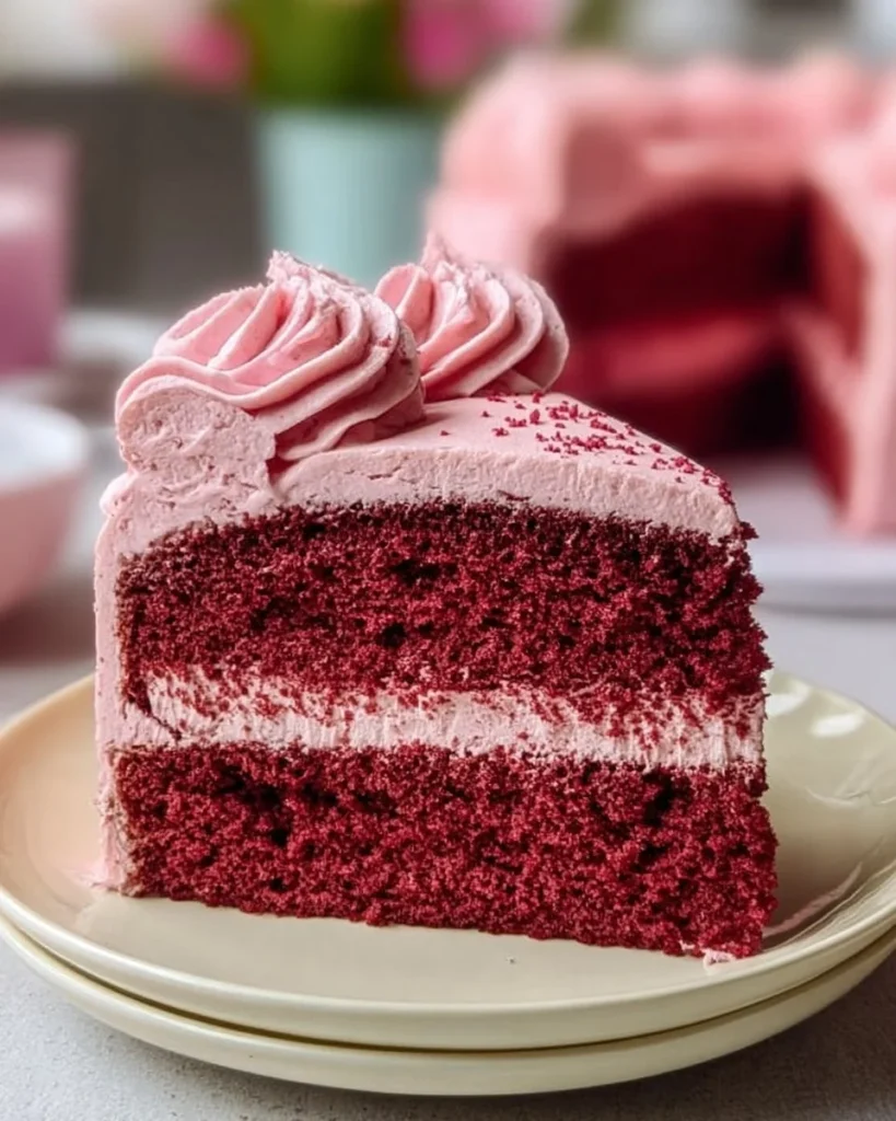 Delicious Mother's Day Pink Velvet Cake with cream cheese frosting and pink layers