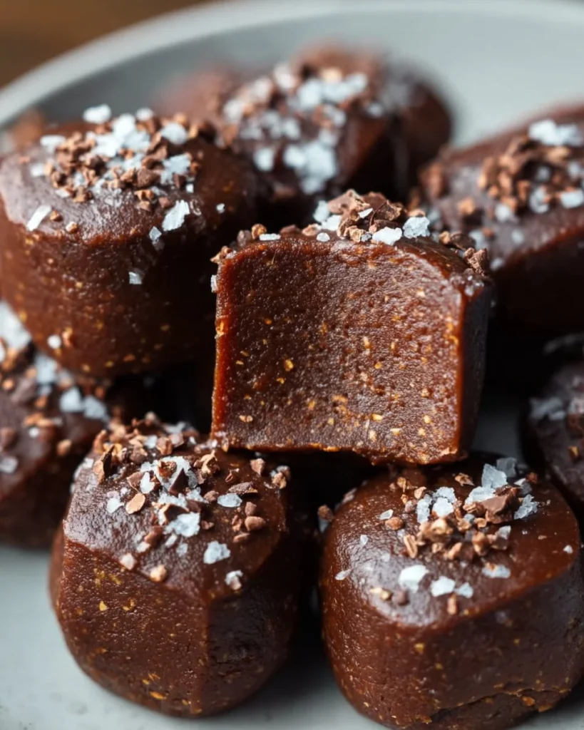Plate of no bake brownie bites garnished with nuts and chocolate