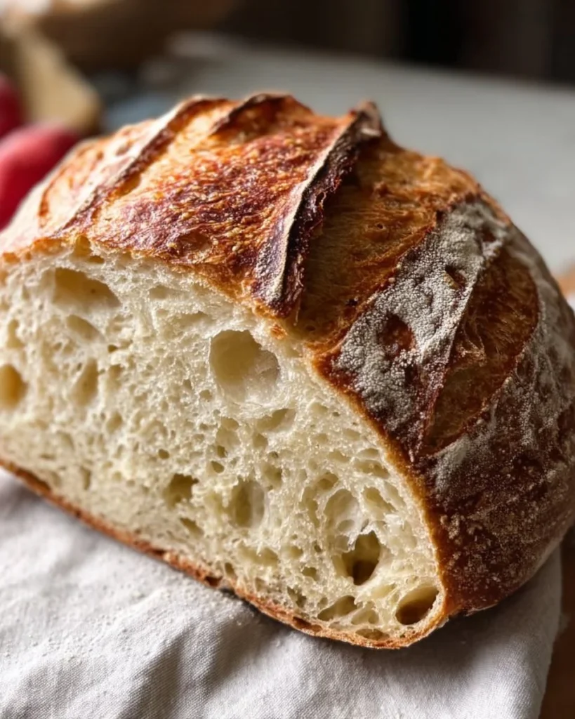 Homemade no-bulk-fermentation sourdough bread freshly baked.