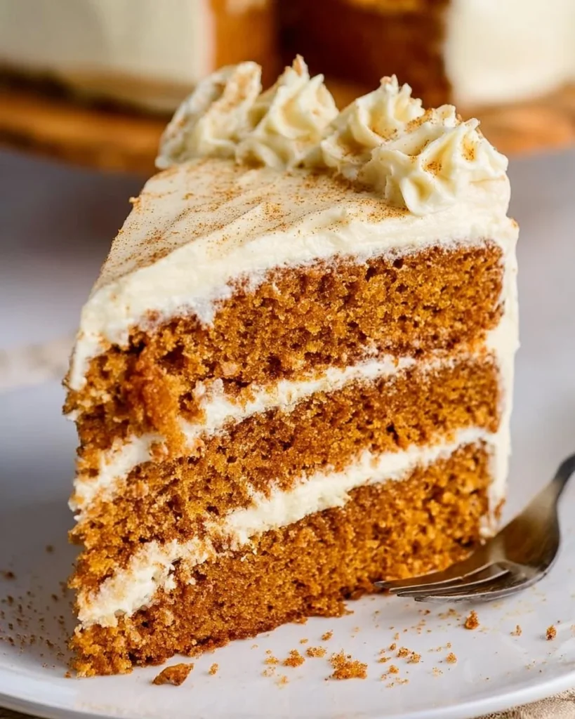 Old fashioned spice cake with cream cheese frosting served on a plate