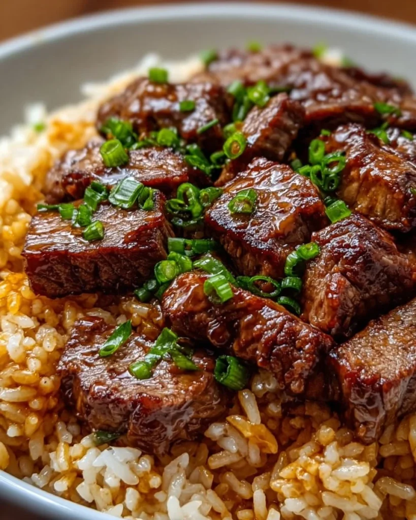 Creamy Honey BBQ Steak Rice cooked in a skillet, garnished and ready to serve.