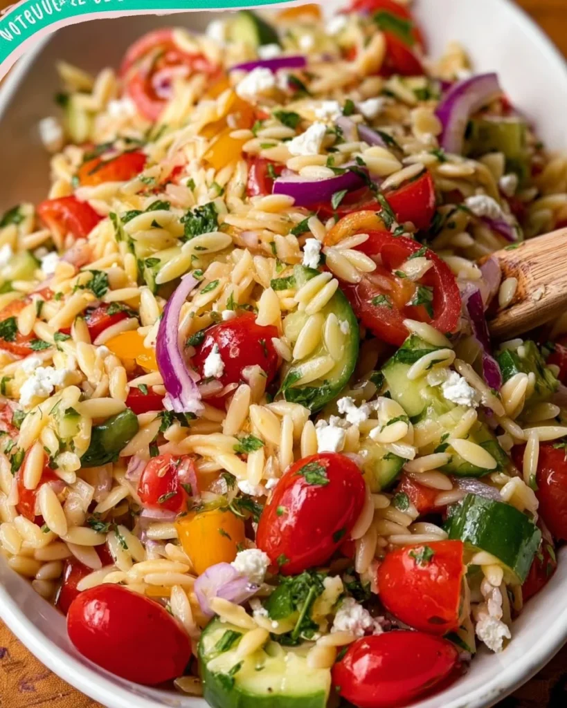 Colorful orzo salad with fresh vegetables in a bowl