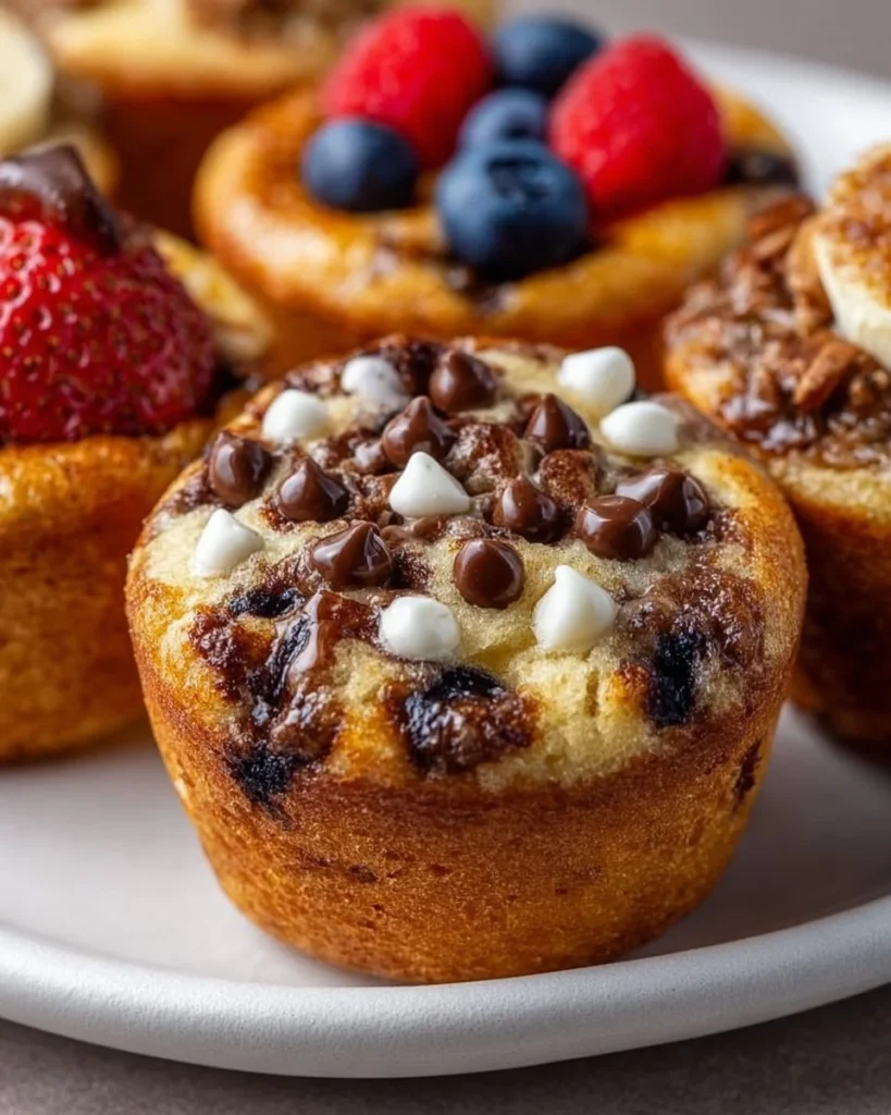 Variety of pancake muffins in six flavors on a wooden table
