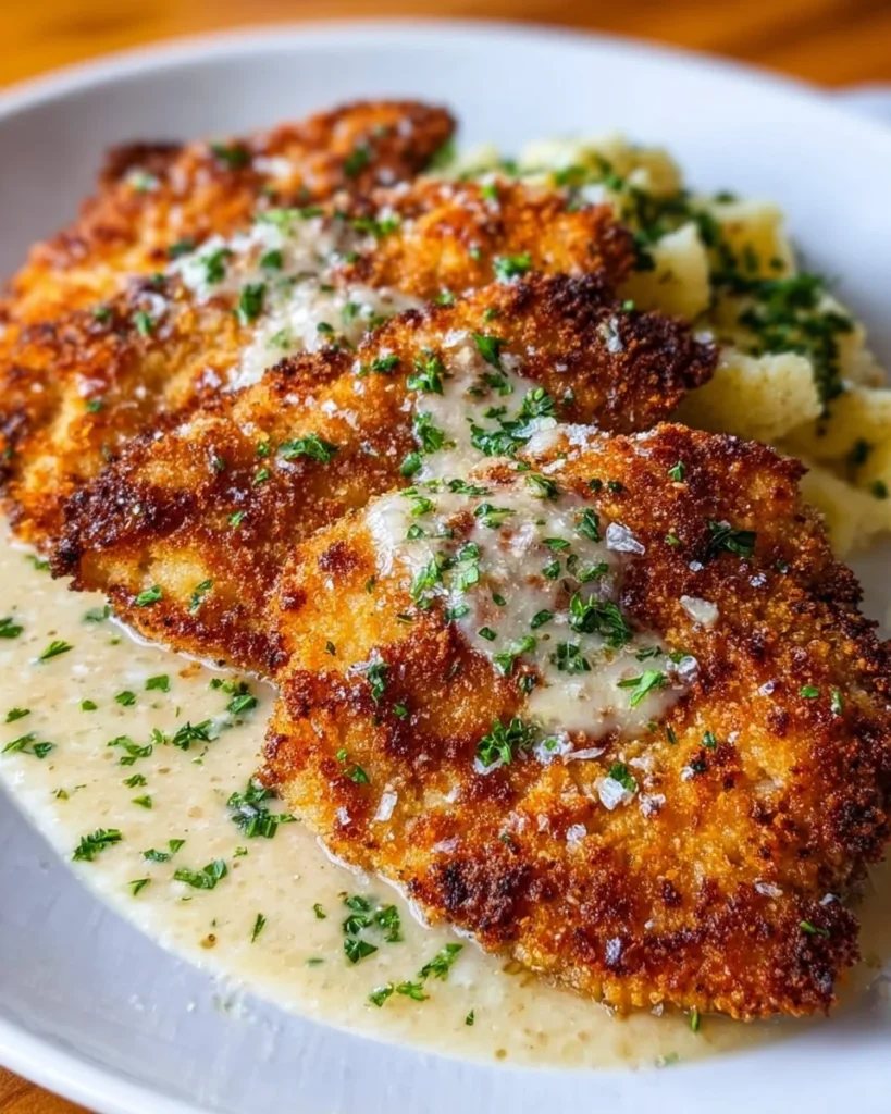 Parmesan Crusted Chicken with Creamy Garlic Sauce served on a plate