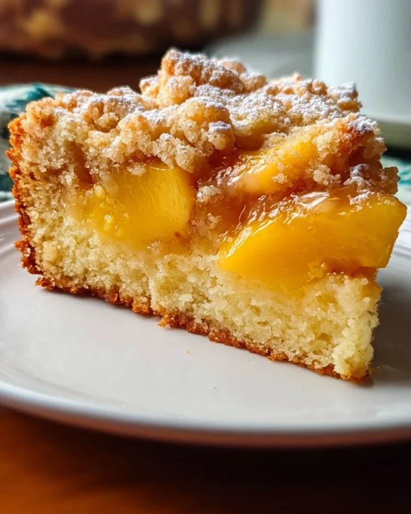 Freshly baked Peach Coffee Cake topped with juicy peach slices and a crumble topping.