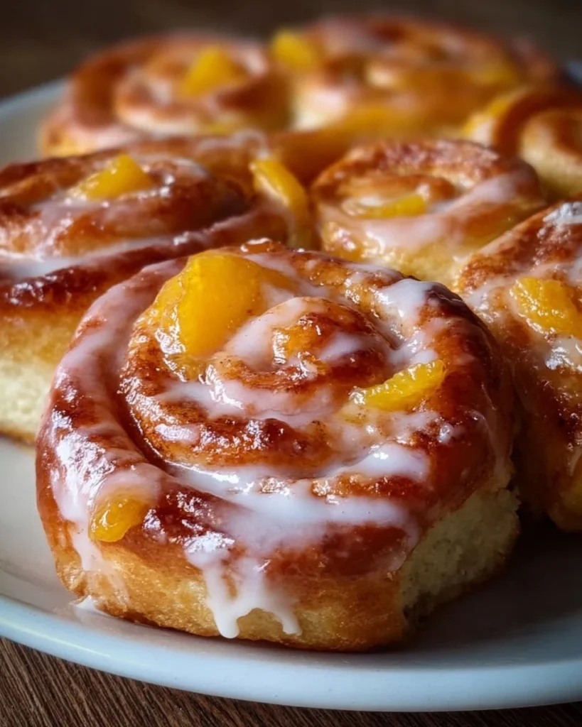 Delicious Peach Pie Cinnamon Rolls topped with a cinnamon sugar glaze