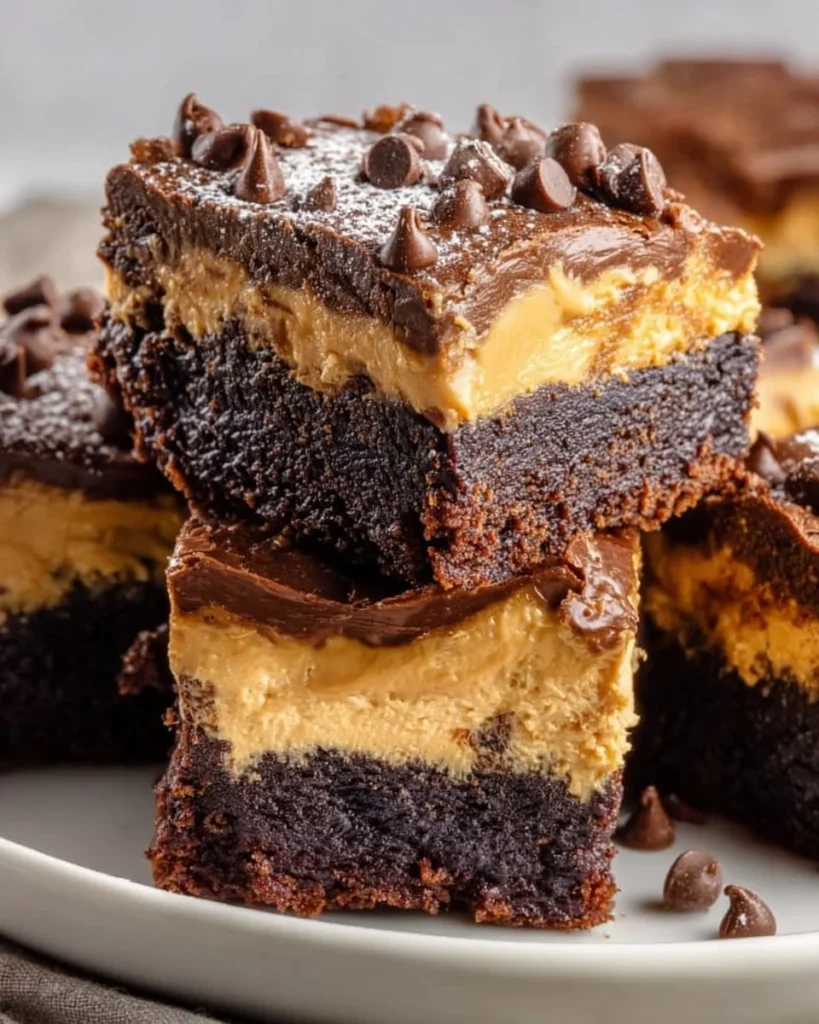 Delicious Peanut Butter Cheesecake Brownie Bars stacked on a plate