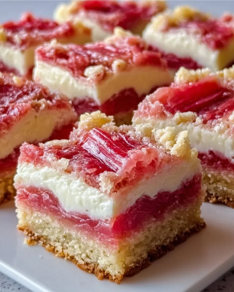 Delicious rhubarb bars topped with cream cheese icing on a white plate.